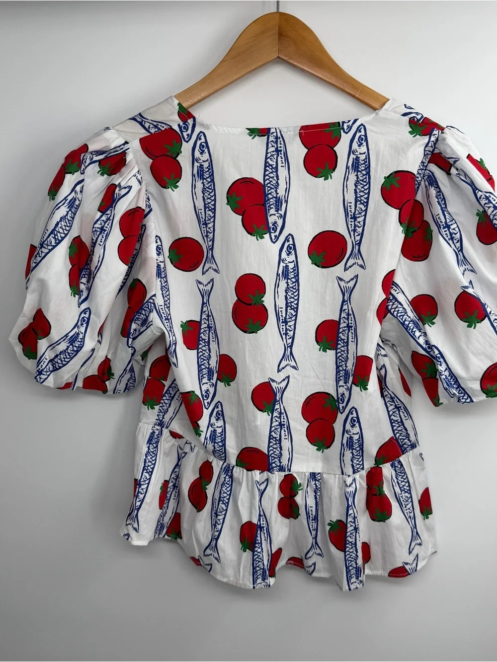 Zara Tomato & Sardines Print Puff Sleeves Top Blouse